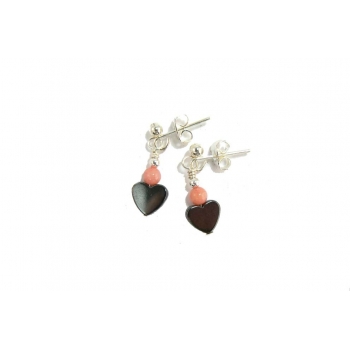 Grey Hematite Hearts and Angel Skin Coral Drop Earrings